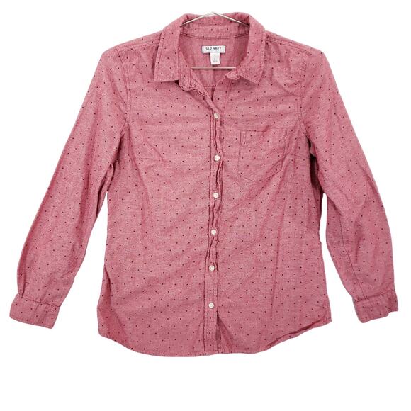 Old Navy Shirt Womens Small Red Polka Dot Chambray Long Sleeve Button Up Top - Picture 1 of 8